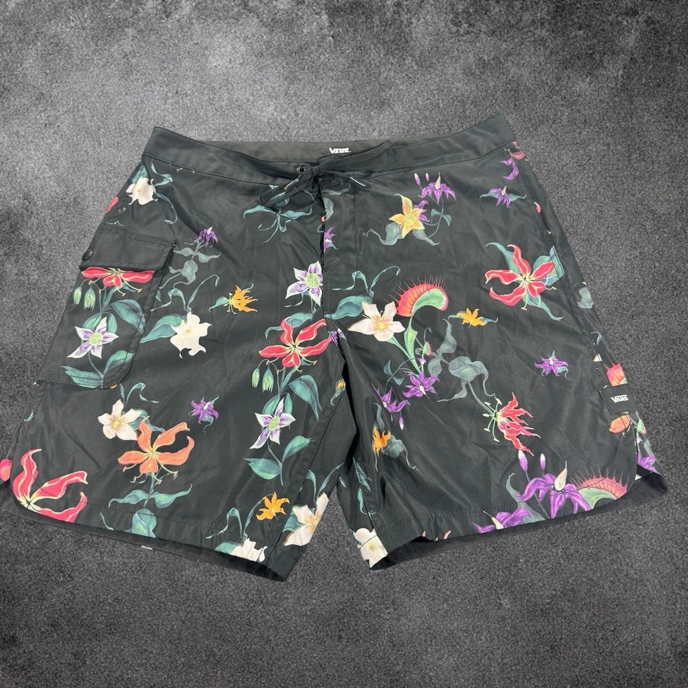 Vans Board Shorts Mens 33 Black Venus Flytrap Floral Print Swim Skate Y2K  Surf